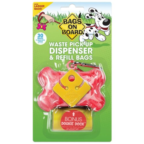 Bags on Board Dog Poop Pick-Up Bone Dispenser and Refill Bags, Pink