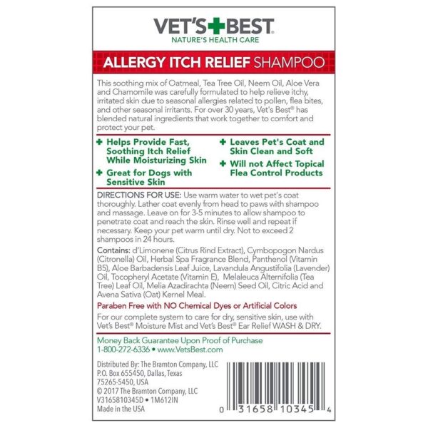 Vet's Best Allergy Itch Relief Dog Shampoo 16 oz Naturally For Pets