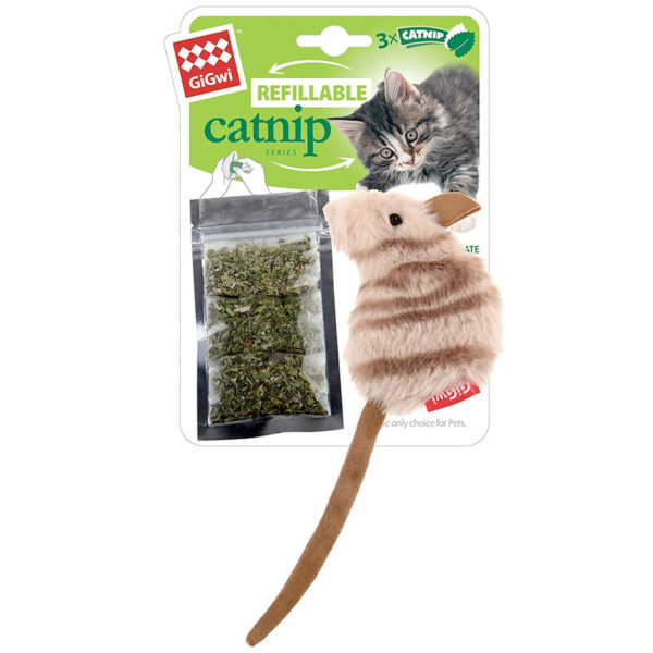 GiGwi Fluffy Plush Cat Toy REFILLABLE CATNIP, 3 Refillable Catnip Bags