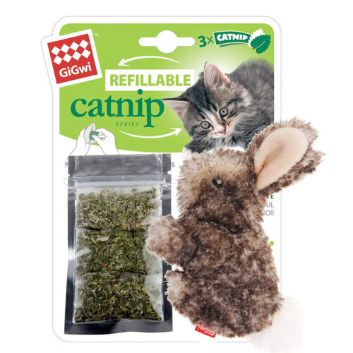GiGwi Fluffy Plush Cat Toy REFILLABLE CATNIP, 3 Refillable Catnip Bags